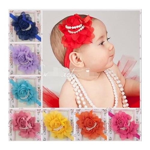 YH435 Baby Pearl Rose Flower Hair Band Chiffon Lace Baby Headband Ribbon Elasticity Hair Accessories Headwear