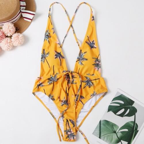Swim Suit Women‘s coconut tree Printing Deep V-neck Sexy Solid Color High Waist Swimsuit Bikini 2021 Mujer Backless Tankini