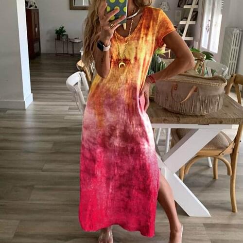 Rainbow Tie-dye Dress 2021 Summer Women Beach Sundress Colorful V Neck Split Hem Short Sleeve Dress Vestidos De Mujer Casual