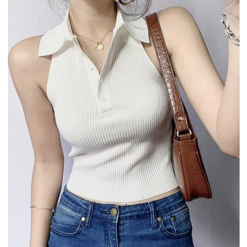 2021 Women Summer Casual Stretch Tank Tops Stylish Solid Color Backless Halter Buttons Lapel Slim Fit Wild Knitted Cropped Vest