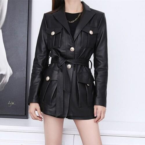 2021 Luxury Women Genuine Leather Coat Jacket High Street Sheepskin Buttons Pockets Black Vintage Long Parka Trench Outerwear