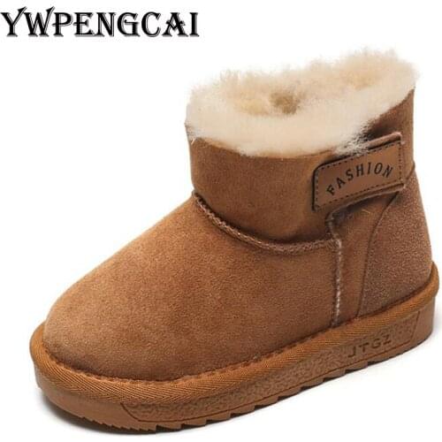 YWPENGCAI 2021 Winter Kids Natural Fur Boots Boys Girls Thicken Warm Anti-slip Ankle Snow Boots Size 21-37
