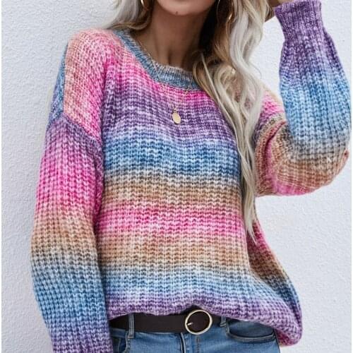 Winter Vintage Splicing striped Sweaters female O neck new pullovers loose knitted plus size rainbow sweater women jumper Autumn