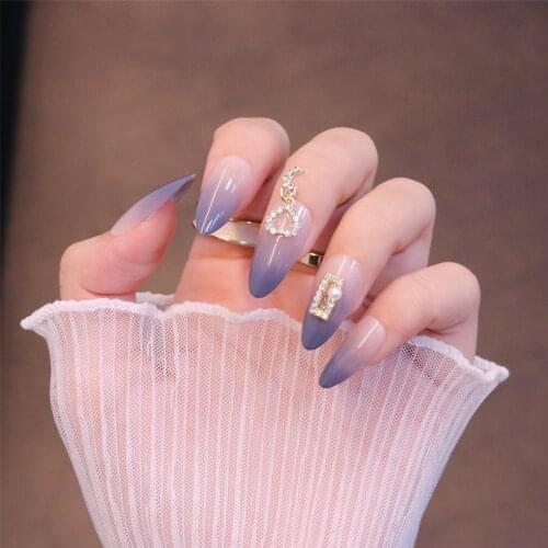 24pcs Blue Gradient Flower with Diamond Wear Long Paragraph Fashion Manicure Patch False Nails Save Time Wearable Patch SAL99