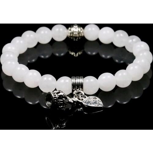 Reiki White Quartz Bracelet Natural Crystal Gem Stone Mala Beads Crown Pendent Charms Meditation Ethnic Women Jewelry
