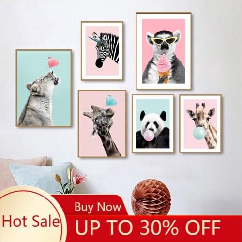 Baby Nursery Wall Art Cute poster Animal Pictures Bubblegum Giraffe Panda Posters Zeabra Canvas Painting For Kid Bedroom Decor