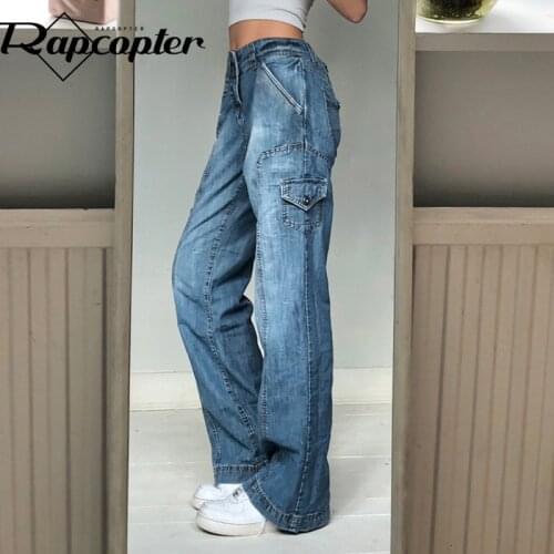 Rapcopter Vintage Cargo Jeans Big Pockets y2k Denim Pants Patched Zipper High Waisted Joggers Women Korean Style Sweatpants 90s