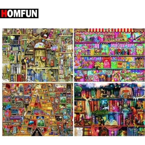 HOMFUN Paint With Diamond Embroidery "Bookshelf book" Diamond Painting Full Square Round Picture Of Rhinestone Decor