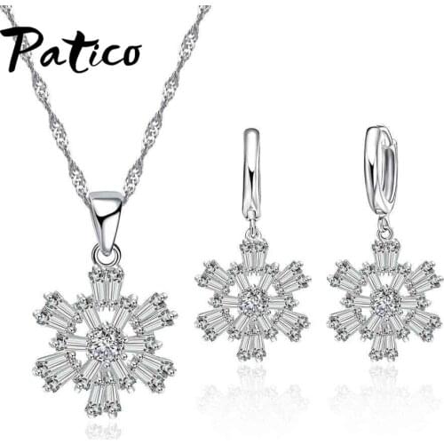 Beautiful Romantic Flower Necklace Earrings Bridal Wedding Plant Jewelry Set Gift 925 Sterling Silver Cubic Zirconia