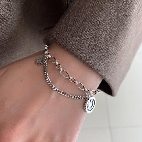 925 Sterling Silver Smiley Face Bracelet for Women Men Multilayer Thai Silver Bracelet Jewelry S-B474