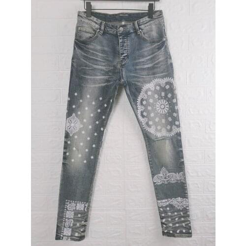 Fashion High Street New Washed Pattern Printing Leisure Slim Foot Jeans European American and Korean Edition Men