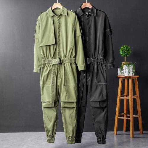 Mens Hip-hop Safari Style Long Sleeve Overalls Casual Black Green Full Length Trousers