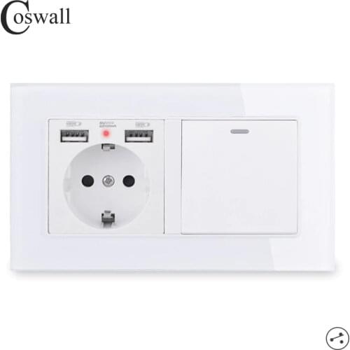 COSWALL EU Russia Wall Socket With 2 USB Charge Port + 1 Gang 2 Way On / Off Stair Rocker Light Switch Switched Glass Panel