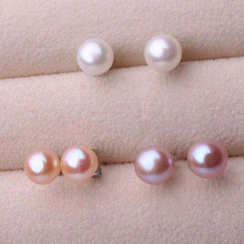 Natural freshwater cultured pearl White Pink purple 3PCS 7-8 mm 925 sterling silver Stud earrings