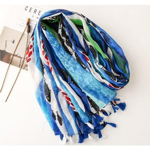 2021 Fashion Newest Fish Printed Pattern Printed Cotton Tassel Scarf Shawls Wraps 10pcs/lot