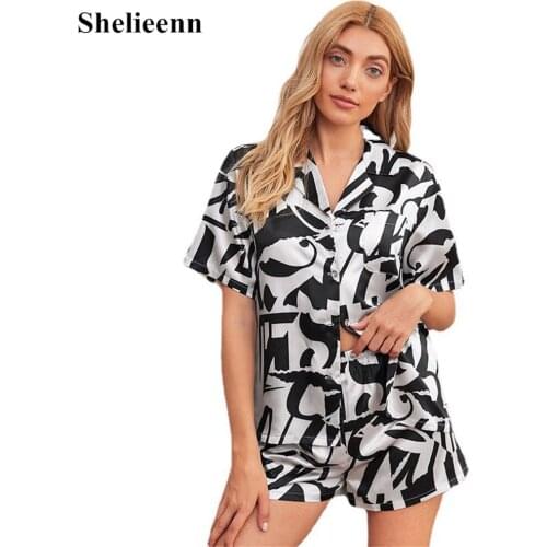 2021 New Womens Pajamas Set Casual Fashion Print Short Sleeve Sleepwear Silk Satin Pajamas for Women Home Clothes Nightwear