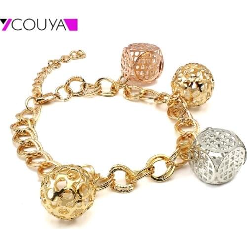 New Bracelet Chain with Hollow Ball Shape Pendant Charm Sweet Girls Bracelet Shiny Polished Link Bracelet Gold Fashion Jewelry