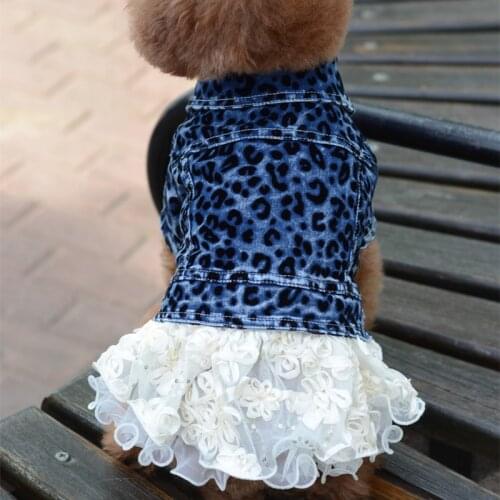 Dog Clothes Denim Skirt With Lace Leopard Print Pet Dress Spring Autumn Dog Cowboy Coat Clothing For Dogs Cat Dress Jeans