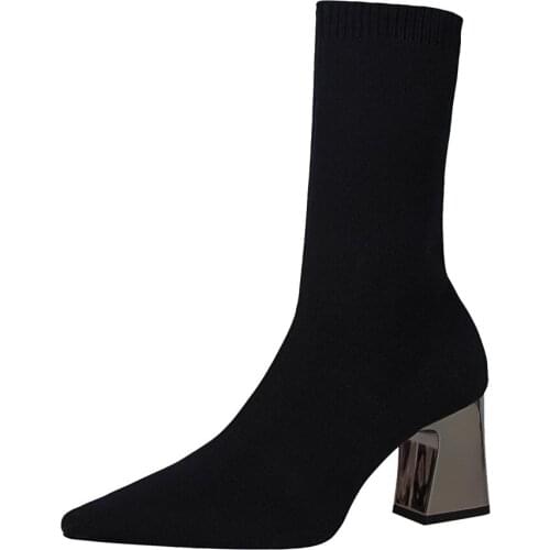 2019 autumn and winter knitted socks boots womens tube wool Martin thick heel pointed white short boots high heel stretch boots