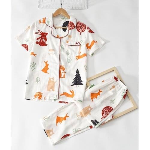 Fresh Cartoon Pyjamas Women Gauze 100% Cotton Short Sleeve Trousers Sleepwear Summer Female Casual Korea Pajamas Sets Homewear