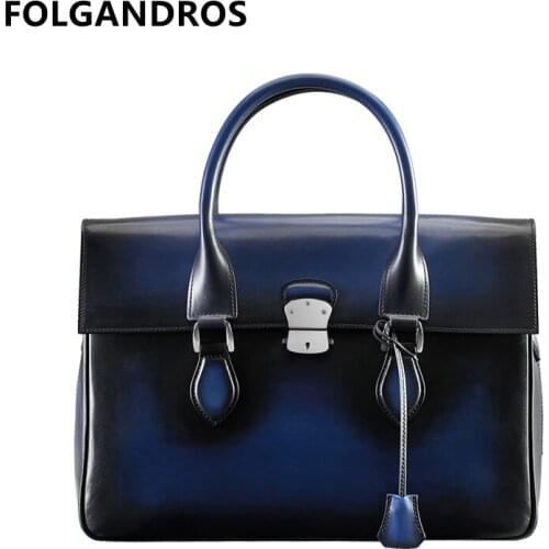 Mens Business Luxury Briefcase Italian Handmade Calfskin 15'' Laptop Lock Shoulder Bag Genuine Leather Document File Bag