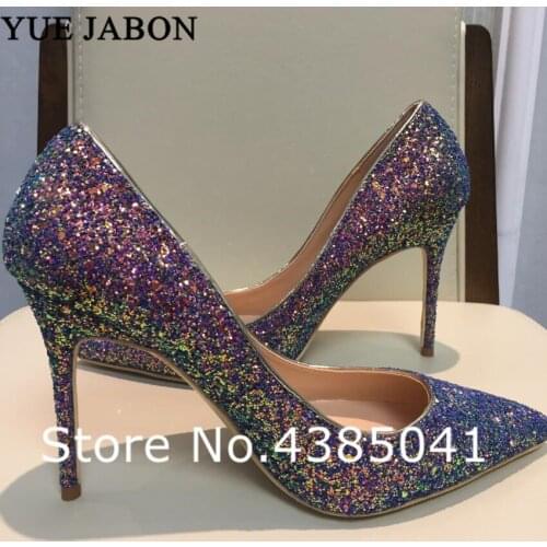 Real Picture Purple glitter bling pointed toe 8/10/12cm women lady girl sexy high heel shoes Nightclub Girls' Pumps YUE JABON
