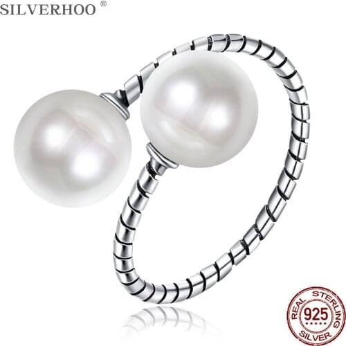 SILVERHOO 925 Sterling Silver Adjustable Imitation Pearls Women Ring Romantic Fashion Retro Design Engagement Gift for Friend
