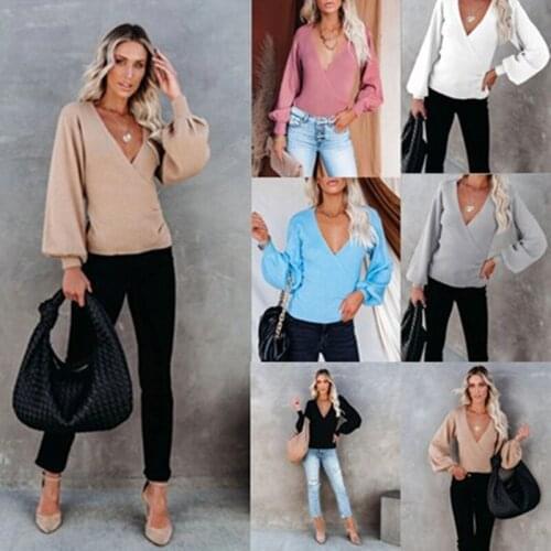 2021 Fashion Toppies Fall Women Temperament OL Sweater Sexy Loose Deep V-neck Harajuku Sweater Knitted Top Korean Winter Clothes