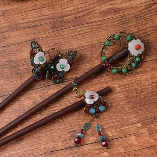 Bronze Color Copper Alloy Butterfly Peacock Vintage Hair Stick High Quality Exquisite Lampwork Synthetic Flower Hair Jewelry