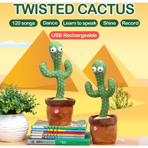 Funny USB Rechargeable Electric Dancing Cactus Plush Toy with 120 Songs Learning to Speak Lighting Record Function for Kids Gift