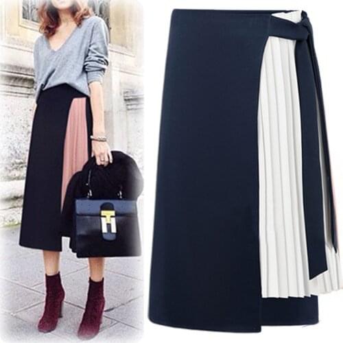 Women Skirt British Style Large Size Chiffon Stitching Lace Mid Skirt High Waist Pleated Side Slit Skirts Winter Clothing