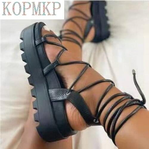 2021 New Summer Sexy Black Cross Womens High Heels Sandals Platform Lace Up Wedges Front Open Toe Ladies Shoes Size 35-42