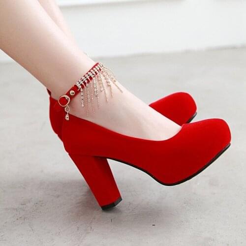 PXELENA Women Pumps Square High Heel Shoes Round Toe Faux Suede Ankle Strap Crystal Chains Party Wedding Shoe Ladies 2019 Spring