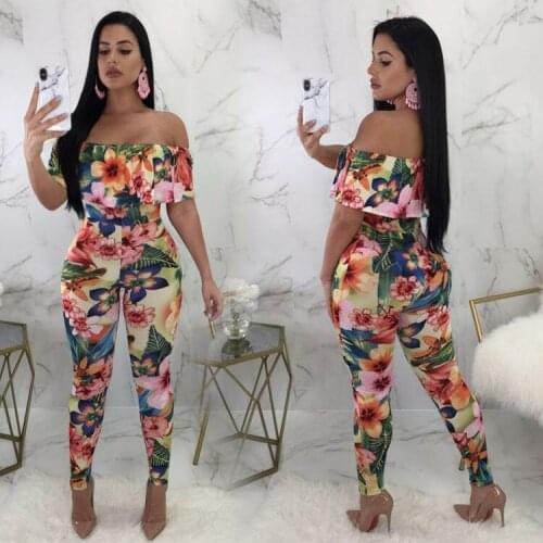 Women floral print off shoulder club party casual long bodycon jumpsuit