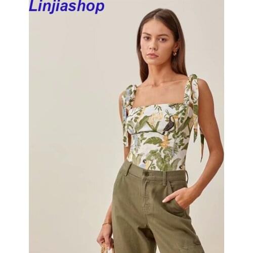 France Green Leaf Bird Print Women Crop Top Chic Adjust Spaghetti Straps Camis Sexy Elastic Women Tank Top