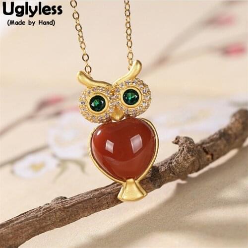 Uglyless Happy Animal Zoo Trip Real 925 Silver Owl Pendants Necklaces for Women Heart-shape Agate Necklace +Chain Zircons Bijoux
