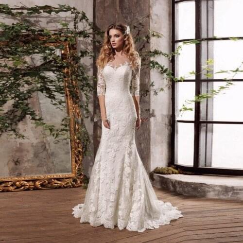 Vestidos de noivas Illusion Backless Mermaid Bridal Dresses 2017 China Wedding Dresses Lace vestido de noiva sereia com manga