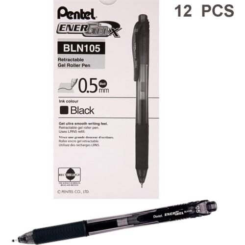 12Pcs Pentel EnerGel BLN105 Deluxe Retractable Liquid Gel Pen 0.5mm Needle Tip Super-smooth writing Fast Dry, Black Blue Red Ink