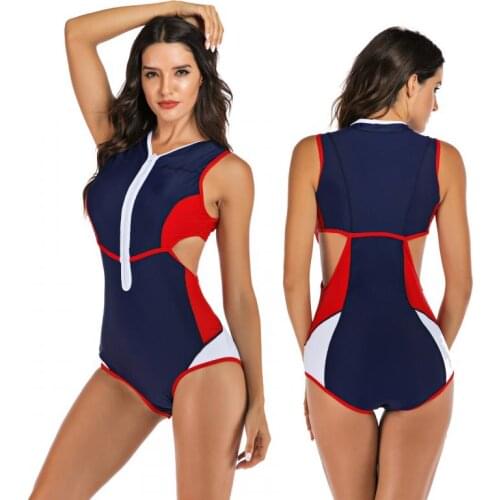 2021 Women One piece Sleeveless Hollow Surfing Suit Sunscreen Swimsuit High Waist Bikini Swimwear Bather Creative Color Matching