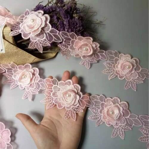 20X Pink Rose Flower Leaf Pearl Lace Trim Applique Trimming Ribbon Embroidered Fabric Sewing Craft Handmade Wedding Decoration