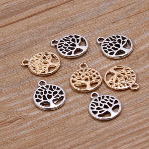 PULCHRITUDE 50Pcs 10mm Small Round Tree Charms Hollow Plant Pendant Metal Alloy For DIY Jewelry Bracelet Necklace Marking