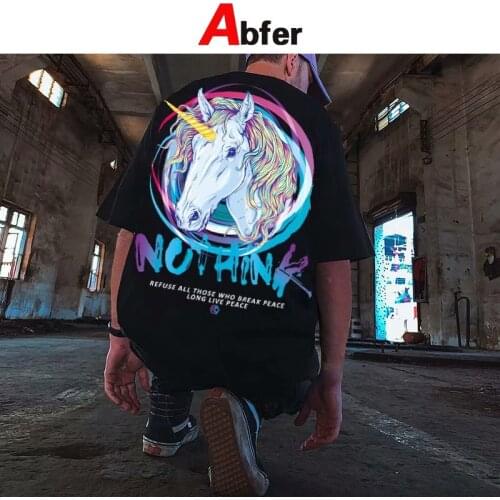 Abfer Hip Hop Men Retro T Shirt Unicorn Anime Graphic Oversized T Shirts Summer Tops Aesthetic Harajuku Streetwear White Tee