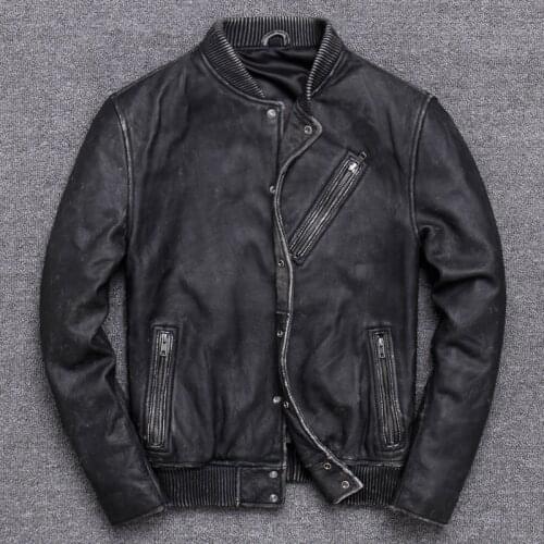 Baseball Serve Lead Man Head Layer Cowhide Locomotive Jacket Genuine Leather Clothing Winter Coat
