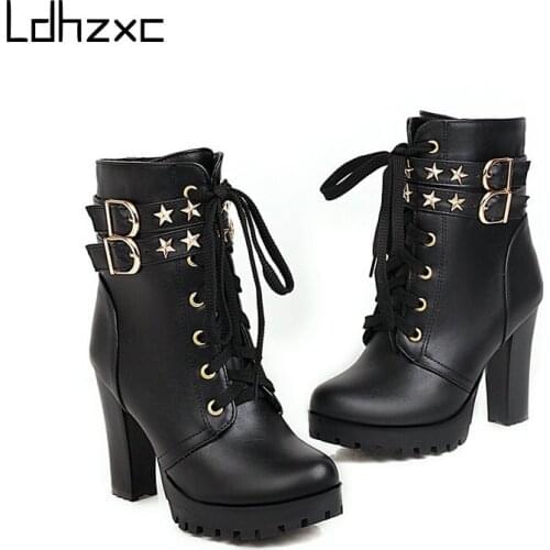 LDHZXC Thick High Heeled Female Pu Leather Ankle Boots Round Toe Lace-up Zipper Women Short Boots Gothic Women Shoes