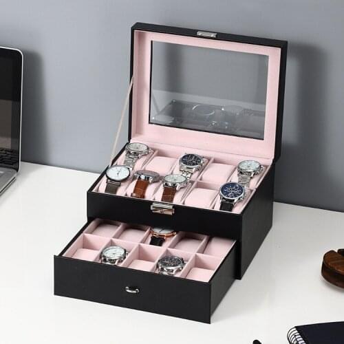 Brand 20 Grids Watches Box Black Wooden PU Jewelry Box Double layers Watch Jewelry Display Organnizer Box Wedding BrithdayGift