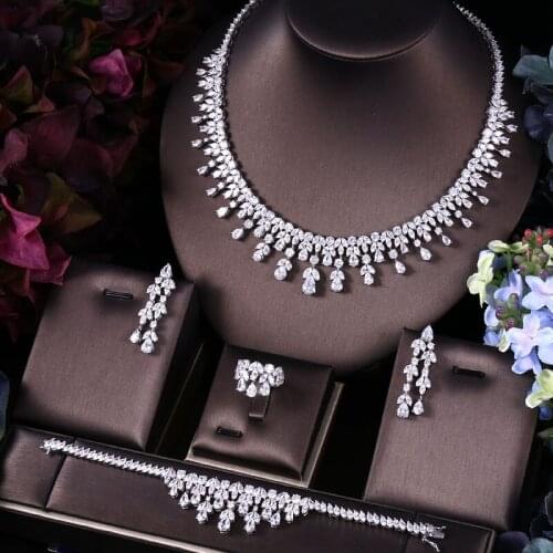 Janekelly 4pcs Bridal Zirconia Full Jewelry Sets For Women Party, Luxury Dubai Nigeria CZ Crystal Wedding Jewelry Sets