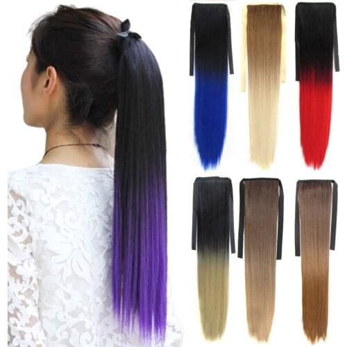 Jeedou Synthetic Ponytail Straight 22" Long Hair Extension Ombre Hair Ponytails Blue Pink Gradual Color Womean False Hairpieces