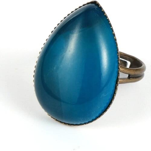 Water Drop Natural Stone Blue Onyx Turquoises Rings For Men Women Vintage Antique Bronze Color Copper Open Ring Party Jewelry