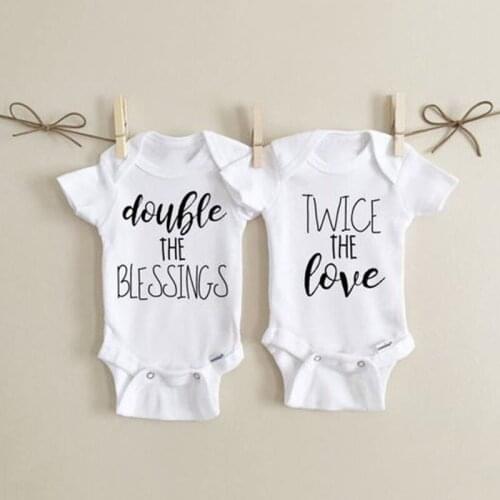 Newborn Baby Twins Romper Double The Blessings Twice The Love Print Infant Boys Girls Siblings Matching Jumpsuit