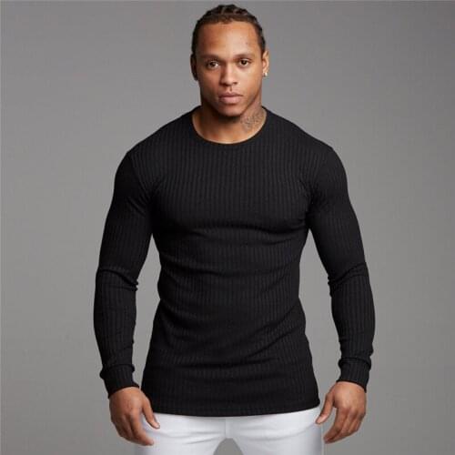 Muscleguys Autumn Mens Sweater T-shirt Mens Long Sleeve Solid Casual Stretch Slim Fit Fitness Clothing Brand Knitted Pullovers